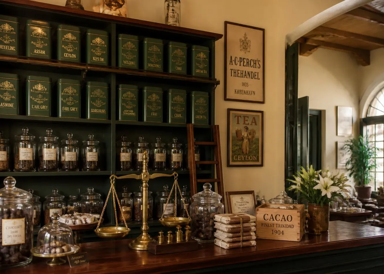 Ladeninnenraum von MOKKA mit dunkelgrünen Regalen voller Teedosen